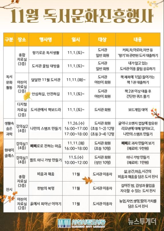 사천시립도서관, 2025년 11월 독서문화진흥행사 운영